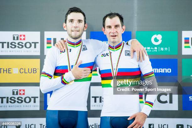 Morgan Kneisky and Benjamin Thomas of France celebrate winning in the Men's Madison 50 km Final's prize ceremony during 2017 UCI World Cycling on...