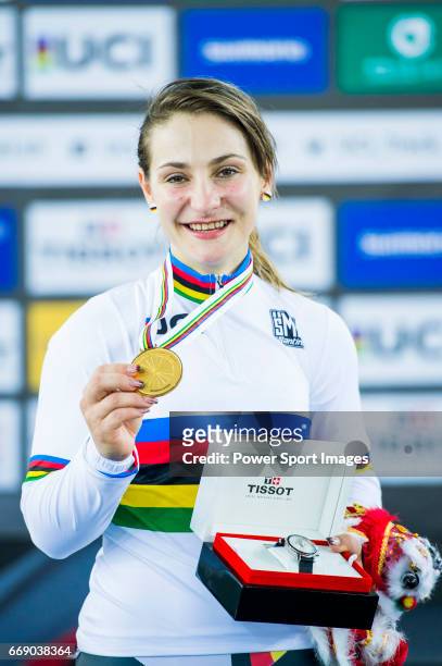 Kristina Vogel of Germany celebrates winning the Women's Keirin's prize ceremony during 2017 UCI World Cycling on April 16, 2017 in Hong Kong, Hong...