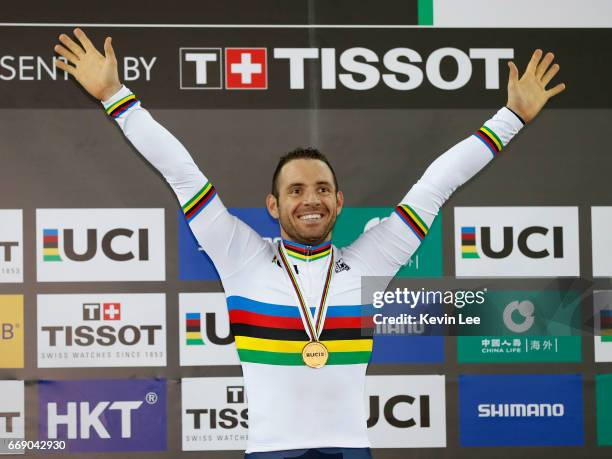 Francois Pervis of France poses with his gold medal after winning Men's 1Km Time Trial Final on Day 5 in 2017 UCI Track Cycling World Championships...