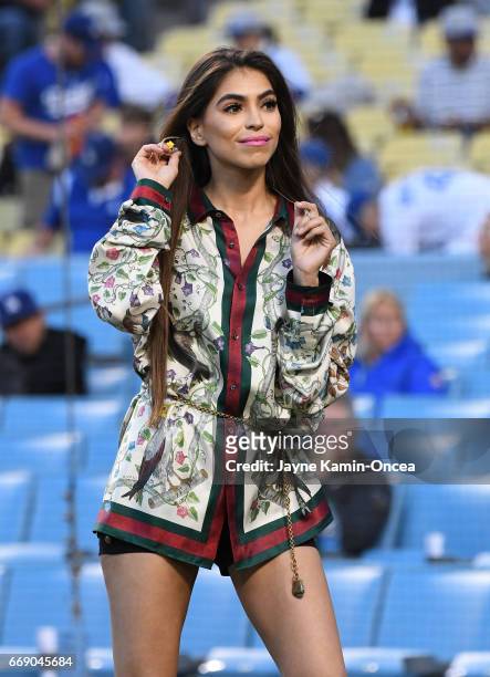 Antonella Barba sings the National Anthem before the game between the Los Angeles Dodgers and the Arizona Diamondbacks at Dodger Stadium on April 14,...