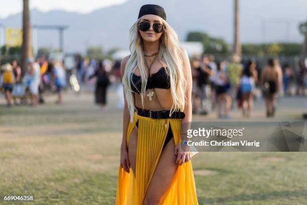 Mach Kate wearing yellow skirt, bar boots during day 2 of the 2017 Coachella Valley Music & Arts Festival Weekend 1 on April 15, 2017 in Indio,...