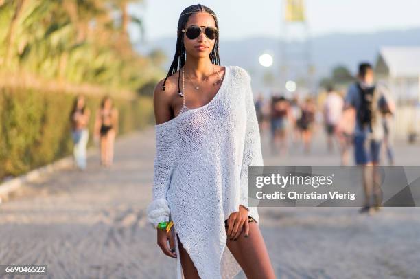 Cydney wearing a white top during day 2 of the 2017 Coachella Valley Music & Arts Festival Weekend 1 on April 15, 2017 in Indio, California.