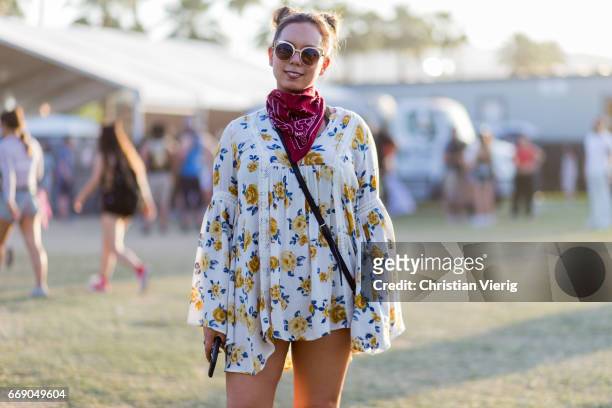 Samantha wearing a top with statement sleeves, bandana during day 2 of the 2017 Coachella Valley Music & Arts Festival Weekend 1 on April 15, 2017 in...