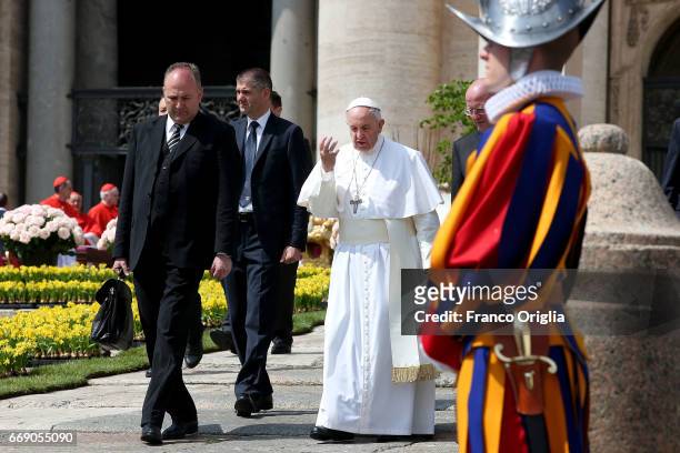 Pope Francis leaves St. Peter's Square at the end of the Easter Mass on April 16, 2017 in Vatican City, Vatican. The pontiff is due to visit Cairo on...