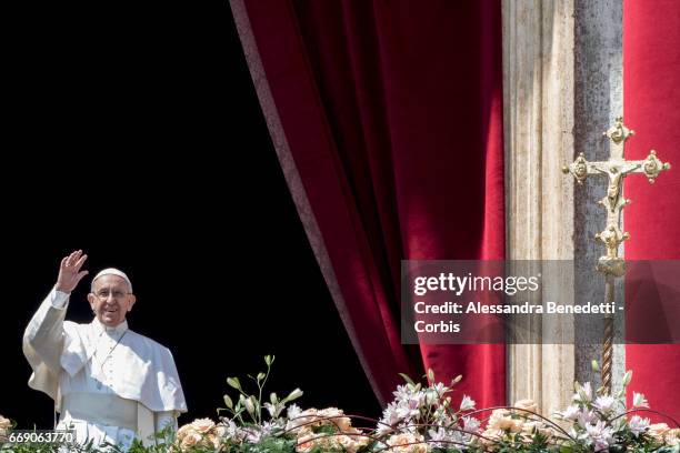 Pope Francis delivers His Urbi Et Orbi Blessing from the central loggia of St. Peter's Basilica in St. Peter's Square, on April 16, 2017 in Vatican...