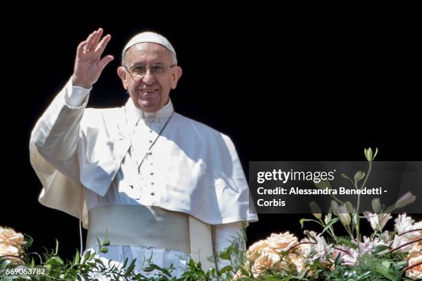 Pope Francis delivers His Urbi Et Orbi Blessing from the central loggia of St. Peter's Basilica in St. Peter's Square, on April 16, 2017 in Vatican...