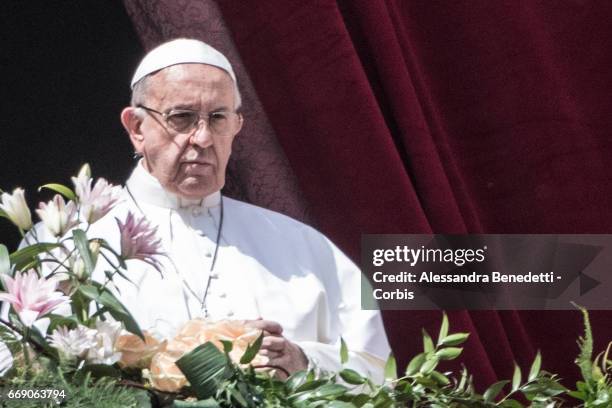 Pope Francis delivers His Urbi Et Orbi Blessing from the central loggia of St. Peter's Basilica in St. Peter's Square, on April 16, 2017 in Vatican...