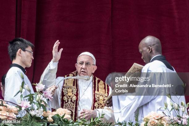 Pope Francis delivers His Urbi Et Orbi Blessing from the central loggia of St. Peter's Basilica in St. Peter's Square, on April 16, 2017 in Vatican...