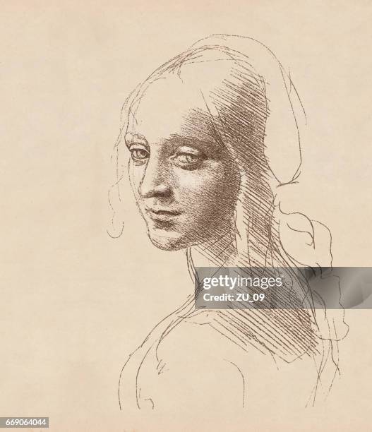 ilustraciones, imágenes clip art, dibujos animados e iconos de stock de estudio de cabeza de una niña por leonardo da vinci, c.1483 - leonardo da vinci