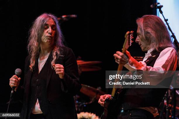 Patti Smith gestures to guitarist Lenny Kaye as she and her band perform their album Horses in its entirety at Hamer Hall on April 16, 2017 in...