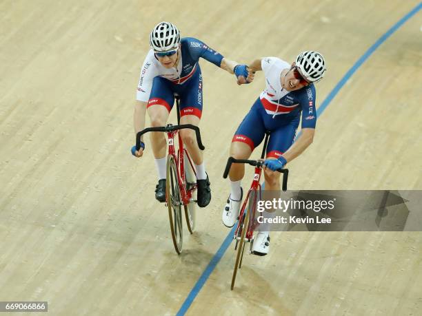 Team of Great Britain's Mark Stewart and Oliver Wood in relay of the Men's Madison Final on Day 5 in 2017 UCI Track Cycling World Championships at...