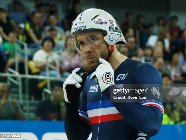 Francois Pervis of France competes in Men's 1Km Time Trial Final on Day 5 in 2017 UCI Track Cycling World Championships at Hong Kong Velodrome on...