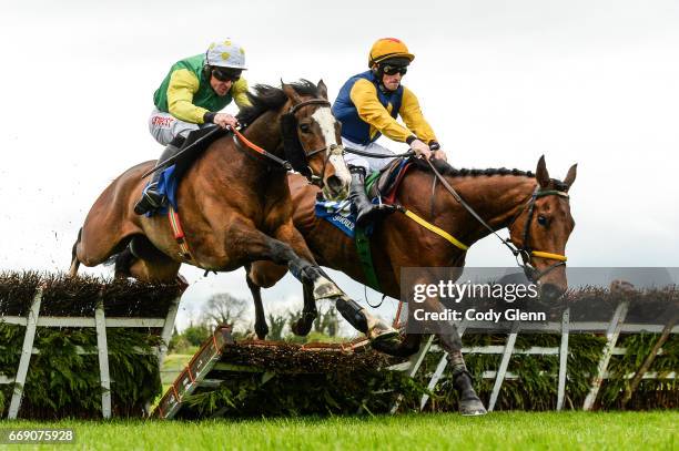 Meath , Ireland - 16 April 2017; Tudor City, left, with Davy Russell up, jump the last ahead of Runforbob, with Sean Flanagan up, who fell over the...