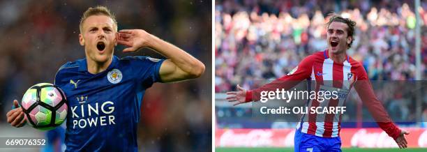 In a combination of pictures created in London on April 16, 2017 Leicester City's English striker Jamie Vardy celebrates after scoring during the...