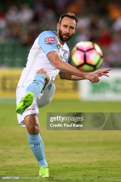 Josh Rose of Melbourne crosses the ball during the round 27 A-League match between the Perth Glory and Melbourne City FC at nib Stadium on April 16,...
