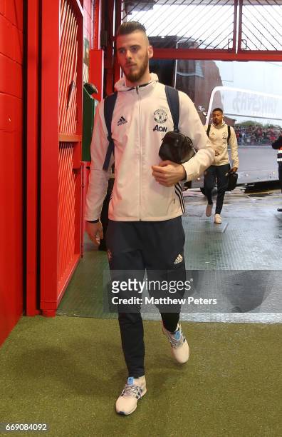 David de Gea of Manchester United arrives ahead of the Premier League match between Manchester United and Chelsea at Old Trafford on April 16, 2017...