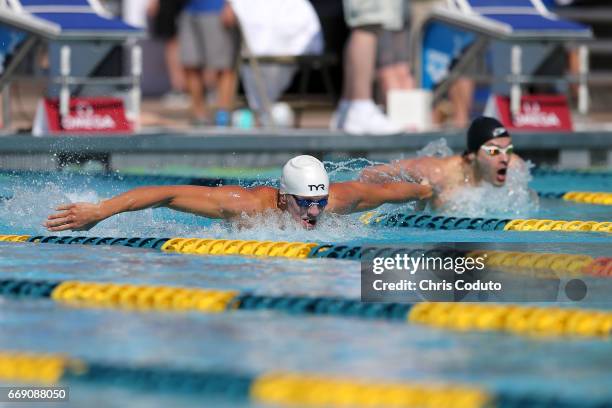Tom Shields competes in the preliminary heat of the men's 200 meter butterfly on day three of the Arena Pro Swim Series - Mesa at Skyline Aquatic...