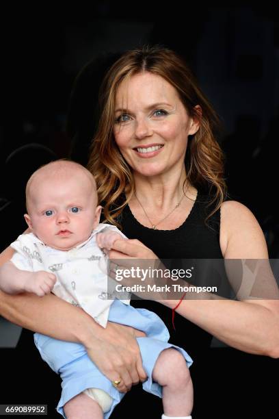 Geri Horner with baby Montague in the Paddock before the Bahrain Formula One Grand Prix at Bahrain International Circuit on April 16, 2017 in...