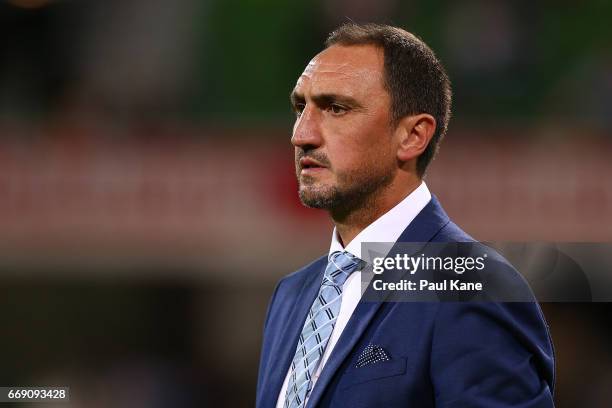 Michael Valkanis, head coach of Melbourne looks on during the round 27 A-League match between the Perth Glory and Melbourne City FC at nib Stadium on...