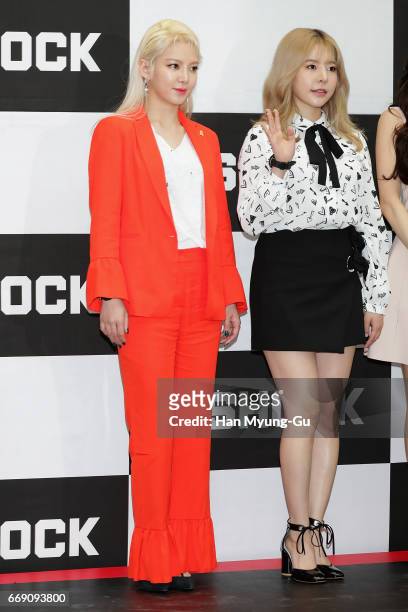 Hyoyeon and Sunny of South Korean girl group Girls' Generation attend the photocall for CASIO 'G-SHOCK' at the Starfield Hanam on April 16, 2017 in...