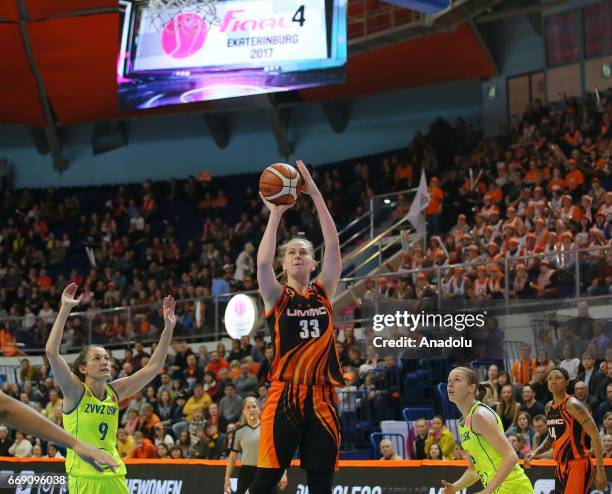 Emma Meesseman of UMMC Ekaterinburg is in action during the FIBA Euroleague Women basketball match between UMMC v ZVVZ USK Prague at DIVS Sport Hall...