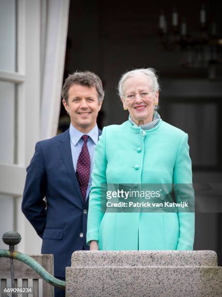 Queen Margrethe with her son Crown Prince Frederik of Denmark attend her 77th birthday celebrations at Marselisborg Palace on April 16, 2017 in...