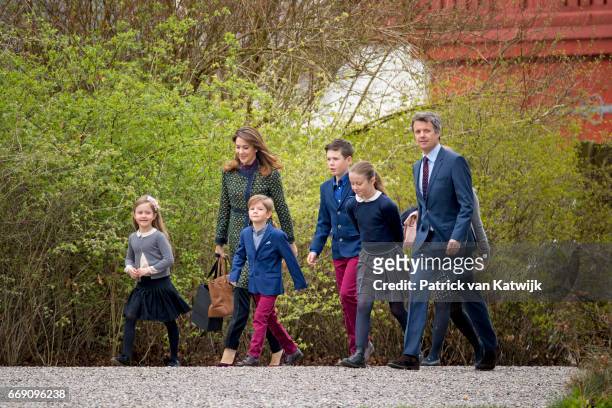 Crown Prince Frederik, Crown Princess Mary, Prince Christian, Princess Isabella, Prince Vincent and Princess Josephine attend the 77th birthday...