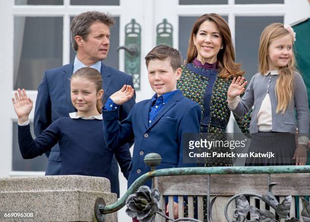 Crown Prince Frederik, Crown Princess Mary, Prince Christian, Princess Isabella and Princess Josephine attend the 77th birthday celebrations of...