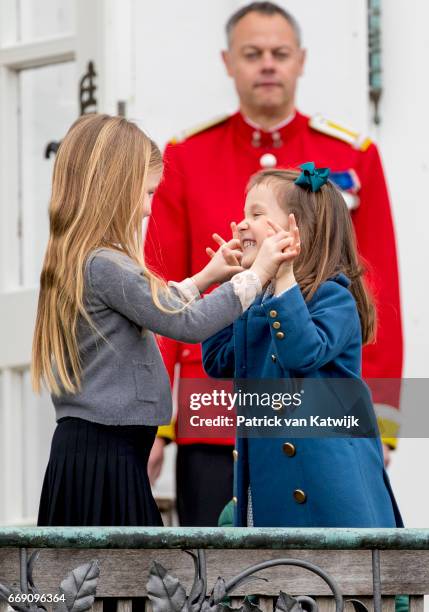 Princess Josephine and Princess Athena of Denmark attend the 77th birthday celebrations of Danish Queen Margrethe at Marselisborg Palace on April 16,...