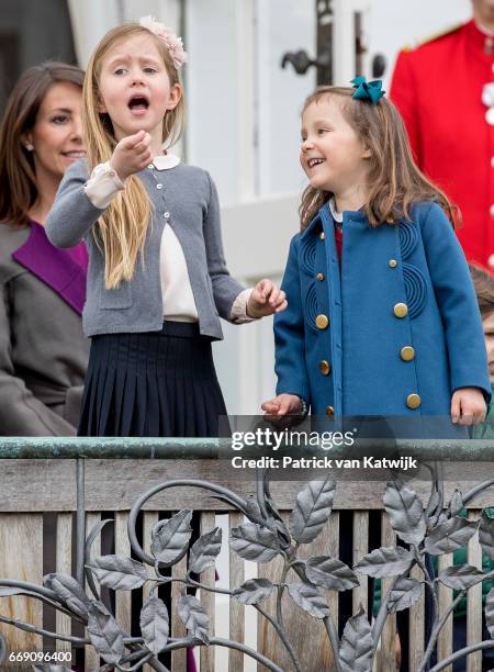 Princess Josephine and Princess Athena of Denmark attend the 77th birthday celebrations of Danish Queen Margrethe at Marselisborg Palace on April 16,...