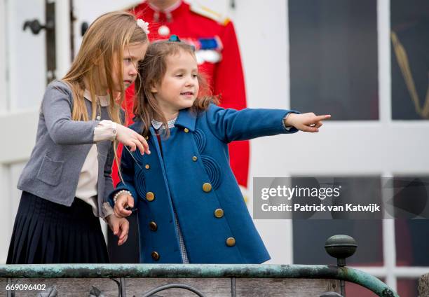 Princess Josephine and Princess Athena of Denmark attend the 77th birthday celebrations of Danish Queen Margrethe at Marselisborg Palace on April 16,...