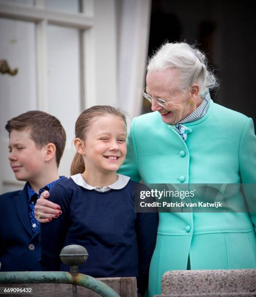 Queen Margrethe, Princess Isabella and Prince Christian of Denmark attend the 77th birthday celebrations of Danish Queen Margrethe at Marselisborg...