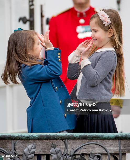 Princess Josephine and Princess Athena of Denmark attend the 77th birthday celebrations of Danish Queen Margrethe at Marselisborg Palace on April 16,...
