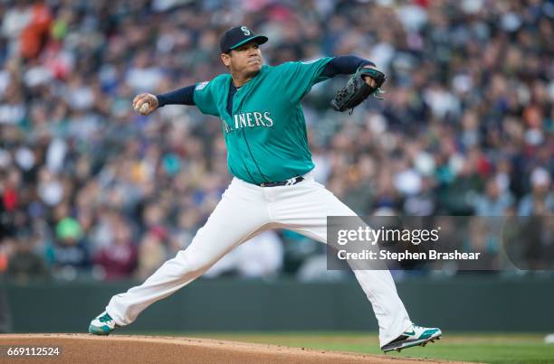 Starter Felix Hernandez of the Seattle Mariners delivers a pitch during a game against the Texas Rangers at Safeco Field on April 14, 2017 in...