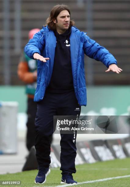 Head coach Torsten Frings of Darmstadt reacts during the Bundesliga match between SV Darmstadt 98 and FC Schalke 04 at Stadion am Boellenfalltor on...