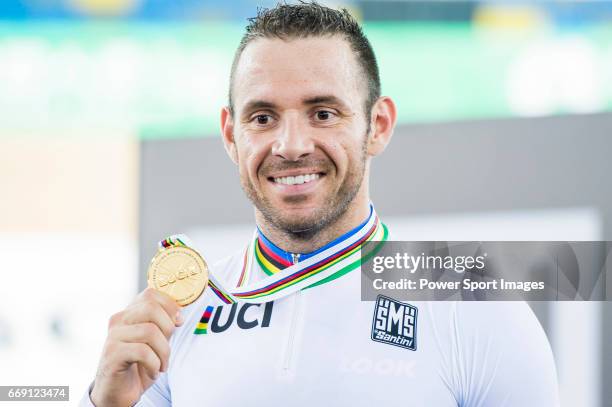 Francois Pervis of France celebrates winning in the Men's Kilometre TT's prize ceremony during 2017 UCI World Cycling on April 16, 2017 in Hong Kong,...