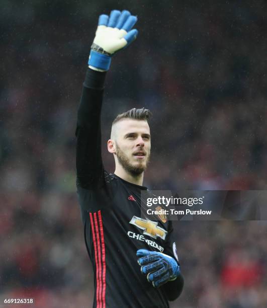 David de Gea of Manchester United celebrates after the Premier League match between Manchester United and Chelsea at Old Trafford on April 16, 2017...