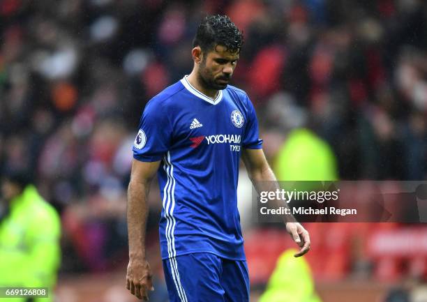 Diego Costa of Chelsea looks dejected after the Premier League match between Manchester United and Chelsea at Old Trafford on April 16, 2017 in...