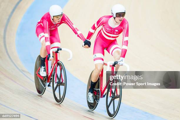Niklas Larsen and Casper Von Folsach of Denmark compete in the Men's Madison 50 km Final during 2017 UCI World Cycling on April 16, 2017 in Hong...