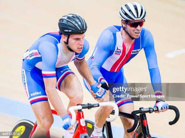 Jiri Hochmann and Martin Blaha of Czech Republic compete in the Men's Madison 50 km Final during 2017 UCI World Cycling on April 16, 2017 in Hong...