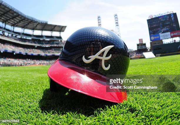 The Atlanta Braves new carbon fiber pattern helmet is on display before the game against the San Diego Padres at SunTrust Park on April 16, 2017 in...
