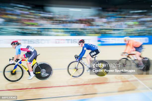 Sarah Hammer of USA competes in the Women's Points Race 25 km Final during 2017 UCI World Cycling on April 16, 2017 in Hong Kong, Hong Kong.