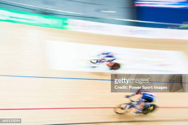 Elinor Barker of Great Britain and Sarah Hammer of USA compete in the Women's Points Race 25 km Final during 2017 UCI World Cycling on April 16, 2017...