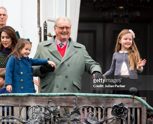 Prince Henrik of Denmark with his granddaughters Princess Athena, and Princess Josephine of Denmark at Queen Margrethe of Denmark's 77th Birthday...