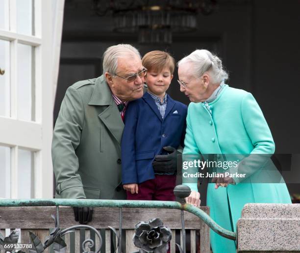 Queen Margrethe, and Prince Henrik of Denmark, with their grandson, Prince Vincent of Denmark, at Queen Margrethe of Denmark's 77th Birthday...