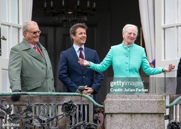 Queen Margrethe of Denmark, with Prince Henrik of Denmark, and Crown Prince Frederik of Denmark, celebrates her 77th Birthday at Marselisborg Palace...