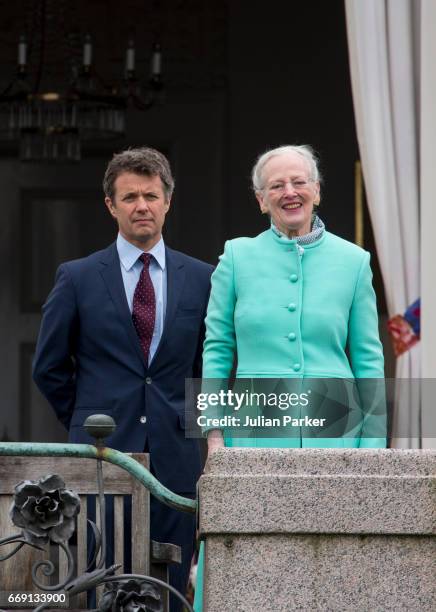 Queen Margrethe of Denmark with her son Crown Prince Frederik of Denmark, celebrate Queen Margrethe of Denmark's 77th Birthday at Marselisborg Palace...