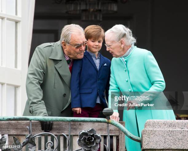 Queen Margrethe, and Prince Henrik of Denmark, with their grandson, Prince Vincent of Denmark, at Queen Margrethe of Denmark's 77th Birthday...
