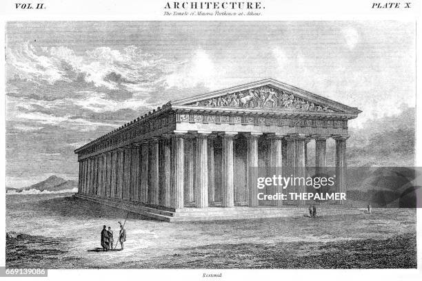 the pantheon engraving 1878 - acropolis stock illustrations