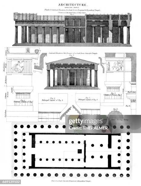 ilustrações, clipart, desenhos animados e ícones de arquitetura dórica grecian gravura 1878 - dórico